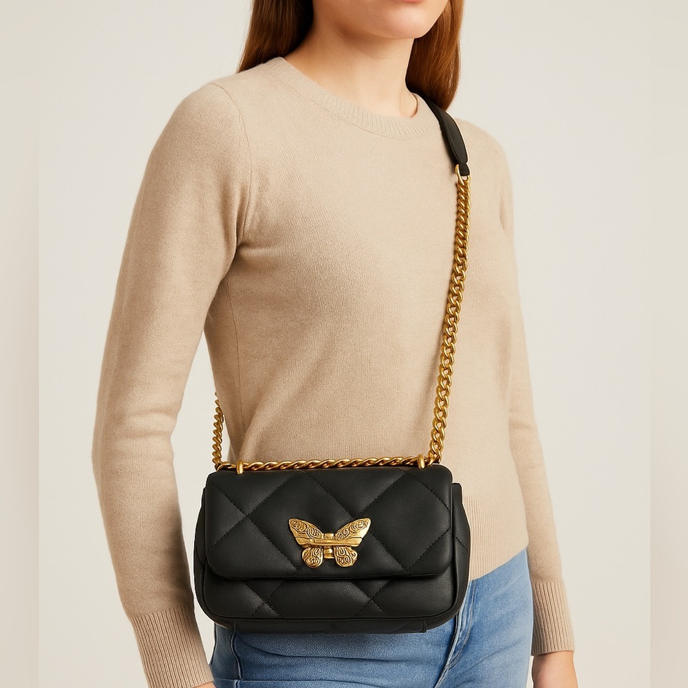 NWT Steve Madden Black Quilted Crossbody, Gold Butterfly Clasp & Floral Interior